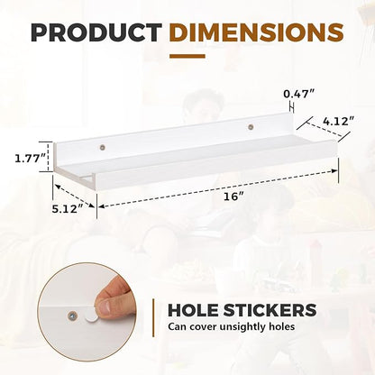 Muzilife 16" Floating Wall Ledge Shelves with Lip - Set of 2 Wood Floating Shelves - Widened White Wall Mounted Picture Ledge for Office, Bathroom, Bedroom, Living Room, Kitchen