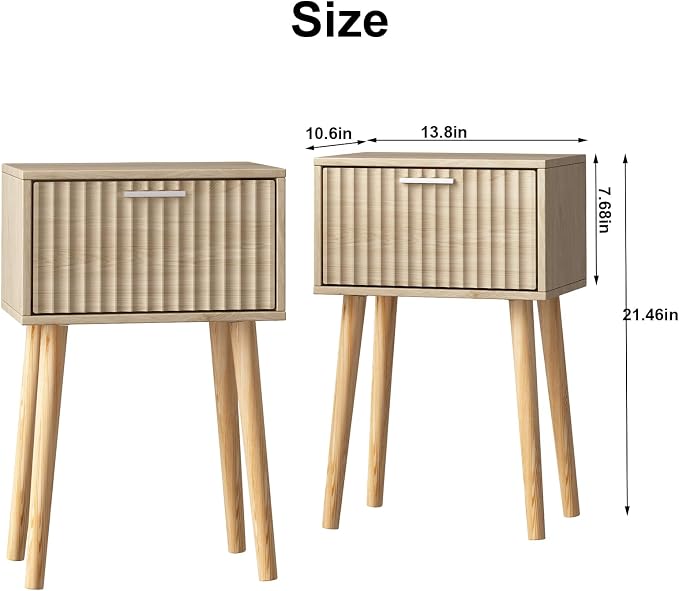 LAATOOREE Nightstands Set of 2, Small Side Table, Bedside Table with Fluted Door, Solid Wood Feet; Modern Mid-Century End Table for Bedroom, Small Space (Natural)