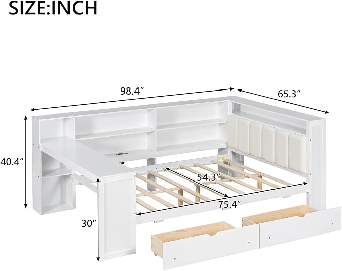 Bellemave Full Corner Bed with Storage Shelves and Desk, Upholstered Headboard Daybed with Bookcase and Drawers，Daybed with Storage, White+Beige Cushion