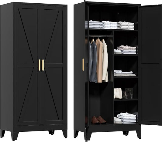 LCAOPC 71" Tall Metal Wardrobe Closet with Adjustable Shelves and Hanging Rod, 2 Doors Office Storage Locker Cabinet for Home, Office, Bedroom, Laundry Room, Black