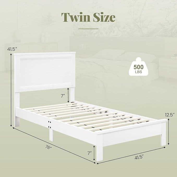 Wood Bed Frames with Headboard, Mid Century Bed Frame with Solid Wood Legs & Wooden Slat Support, Mattress Foundation Bed Base, No Box Spring Needed, (White, Twin)