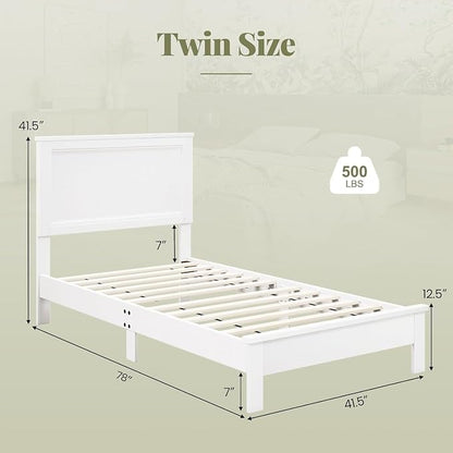 Wood Bed Frames with Headboard, Mid Century Bed Frame with Solid Wood Legs & Wooden Slat Support, Mattress Foundation Bed Base, No Box Spring Needed, (White, Twin)