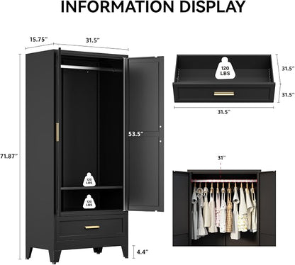 COFaR 71 Farmhouse Metal Wardrobe Closet with Hanging Rod, 2 Barn Doors, Adjustable Shelves, Steel Armoire with Drawer for Home, Bedroom Black