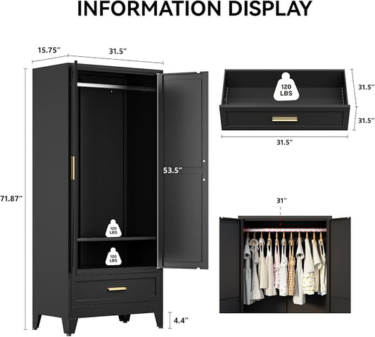COFaR 71 Farmhouse Metal Wardrobe Closet with Hanging Rod, 2 Barn Doors, Adjustable Shelves, Steel Armoire with Drawer for Home, Bedroom Black
