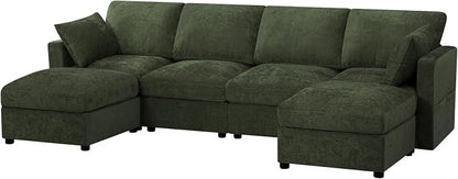 110” Chenille 4-Seats Sofa W/Two Movable Ottomans, Green | Modern Fabric U-Shaped Couch w/Soft Backrests, Upholstered Sectional Sofa w/Arm Pillows for Living Room, Office