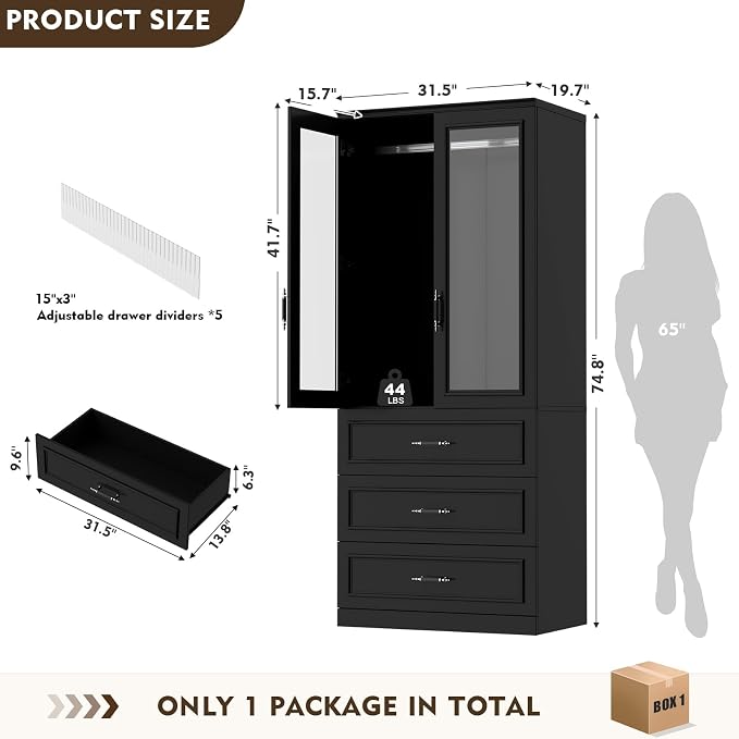 MEISSALIVVE Armoire Wardrobe Closet with 2 Door & 3 Drawers, 74.8" Large Wardrobe Cabinet with Hanging Rod, Freestanding Modern Bedroom Armoire Storage Cabinet, Black