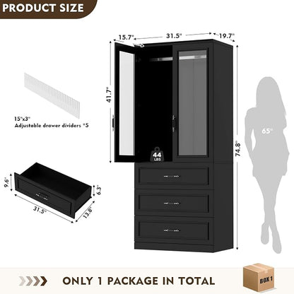 MEISSALIVVE Armoire Wardrobe Closet with 2 Door & 3 Drawers, 74.8" Large Wardrobe Cabinet with Hanging Rod, Freestanding Modern Bedroom Armoire Storage Cabinet, Black