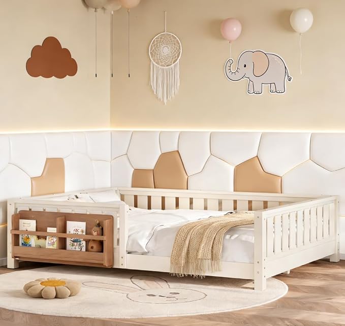 Bellemave Queen Size Floor Bed with high Rails and with Built-in Bookshelf for Kids, Girls, Boys, Wood Montessori Floor Bed Without Door, Beige