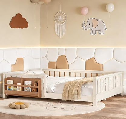 Bellemave Queen Size Floor Bed with high Rails and with Built-in Bookshelf for Kids, Girls, Boys, Wood Montessori Floor Bed Without Door, Beige