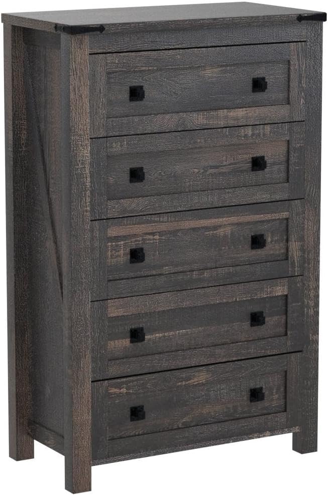 T4TREAM 48" Tall Farmhouse 5-Drawer Dresser for Bedroom, Dark Rustic Oak | Rustic chests of drawers, Wood Storage Cabinet, Metal Handle, Unique Corner Accent, Bedroom, Living Room, Hallway