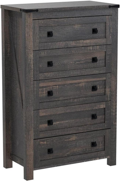 T4TREAM 48" Tall Farmhouse 5-Drawer Dresser for Bedroom, Dark Rustic Oak | Rustic chests of drawers, Wood Storage Cabinet, Metal Handle, Unique Corner Accent, Bedroom, Living Room, Hallway