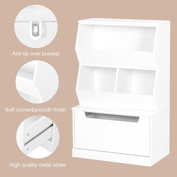 UTEX Slanted Kids Toy Storage Organizer, Children Storage Cubby with Drawer | Kids Bookshelf and Bookcase, Full-Width Smooth Drawer, Perfect Height for Kids, Toy Room, Playroom, Nursery, Wood, White