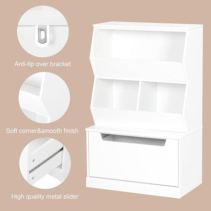 UTEX Slanted Kids Toy Storage Organizer, Children Storage Cubby with Drawer | Kids Bookshelf and Bookcase, Full-Width Smooth Drawer, Perfect Height for Kids, Toy Room, Playroom, Nursery, Wood, White