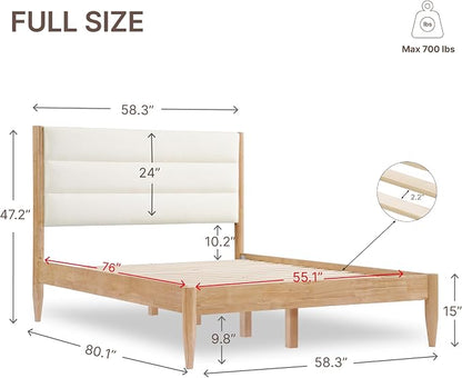 KISLOT Wood Bed Frame with Upholstered Headboard Wooden Platform with Silent Slat Support Mattress Foundation No Box Spring Needed, Easy Assembly