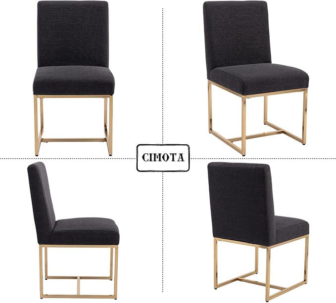 CIMOTA Black Modern Dining Chairs Set of 4, Upholstered Linen Dining Room Chairs Armless Side Chair with Gold Base for Kitchen, Charcoal Black, 4PCS