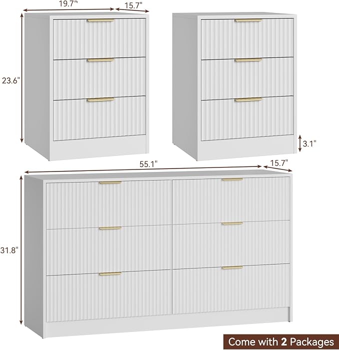 55" Long Dresser and Nightstand Set 3-Piece, 6 Drawer Dressers & Night Stand Set of 2 with Metal Handle, Fluted Modern Wood Chest of Drawers Storage Dressers Set for Bedroom, White