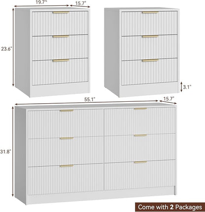 55" Long Dresser and Nightstand Set 3-Piece, 6 Drawer Dressers & Night Stand Set of 2 with Metal Handle, Fluted Modern Wood Chest of Drawers Storage Dressers Set for Bedroom, White