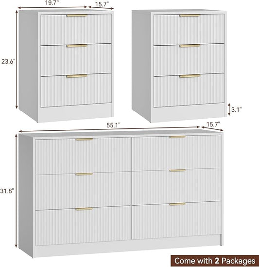 55" Long Dresser and Nightstand Set 3-Piece, 6 Drawer Dressers & Night Stand Set of 2 with Metal Handle, Fluted Modern Wood Chest of Drawers Storage Dressers Set for Bedroom, White