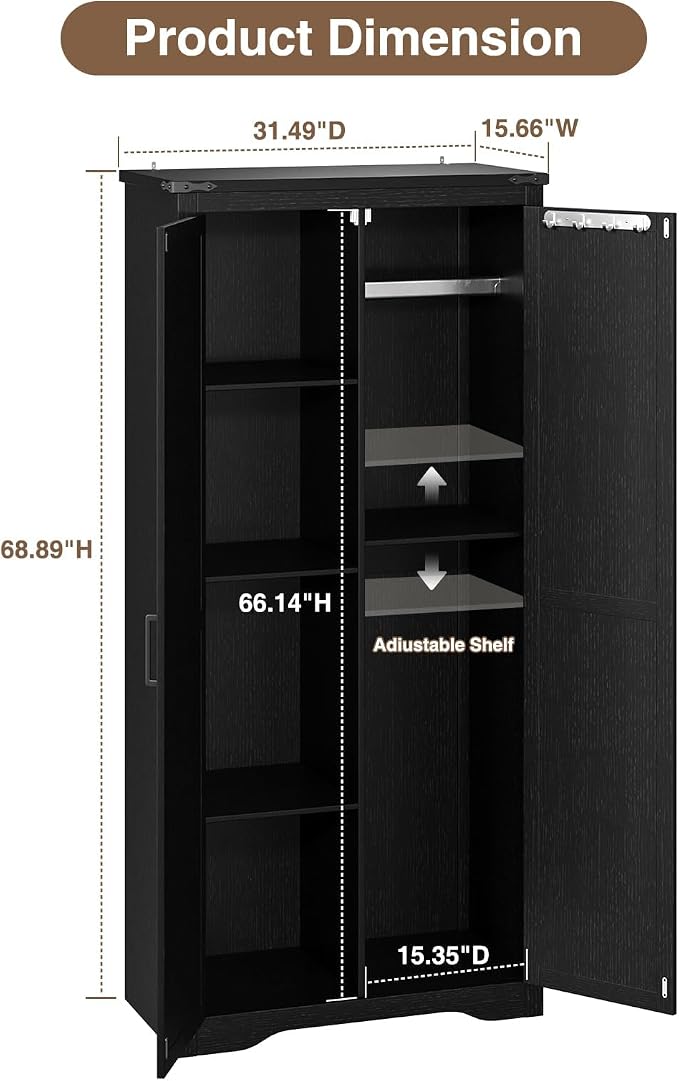 Befrases Black Farmhouse Storage Cabinet with Adjustable Shelves, Large Pantry Organize with 2 Barn Doors, Tall Freestanding Cabinet for Kitchen, Bathroom, Garage, Basement, Living, Utility Room