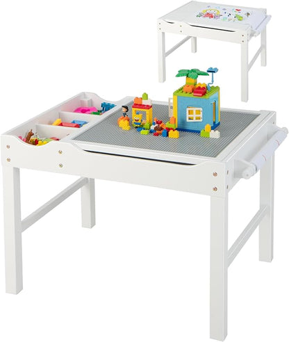 HONEY JOY Kids Table, 2 in 1 Toddler Wooden Activity Table with Paper Roll, Convertible Building Block Tabletop, 3 Storage Compartments, Children Furniture Set for Daycare, Playroom, White