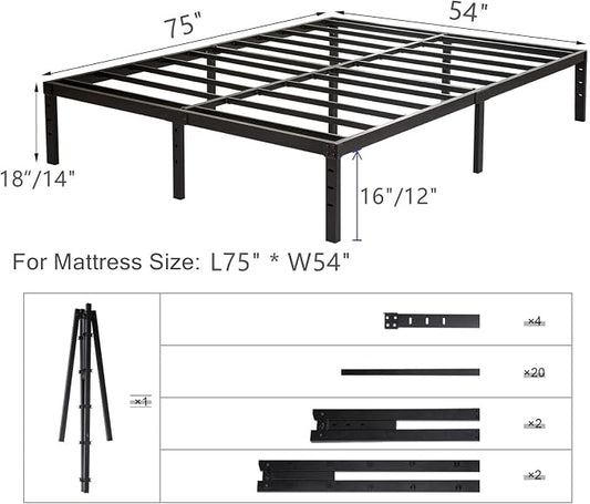 Wulanos Full Size Bed Frame 18 inch Tall, 3500lbs Heavy Duty Metal Platform with Steel Slats Support, No Box Spring Needed, 18-inch Bedframe with Ample Storage, Sturdy and Noise-Free, Black
