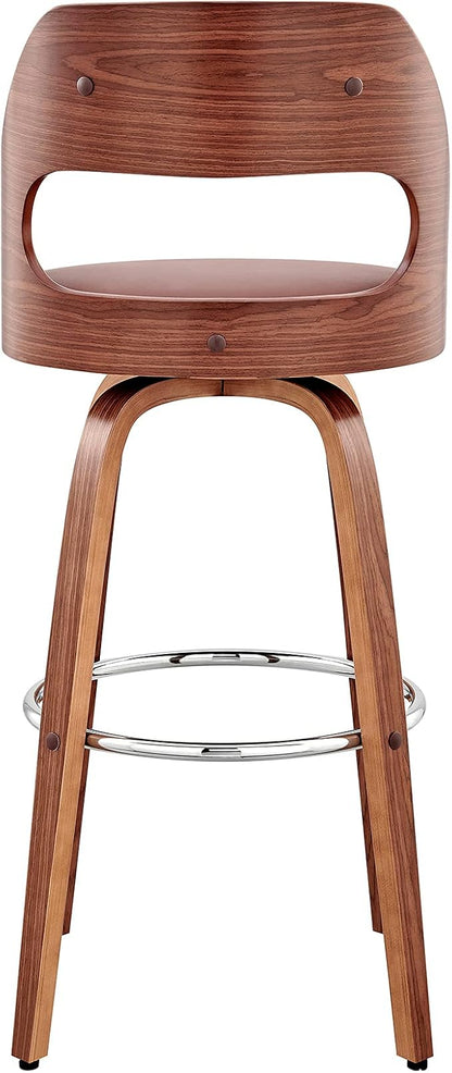 Armen Living Julius Mid Century Modern Swivel Bar Stool for Kitchen Island Counter in Brown Faux Leather and Walnut Wood, 26" Seat Height