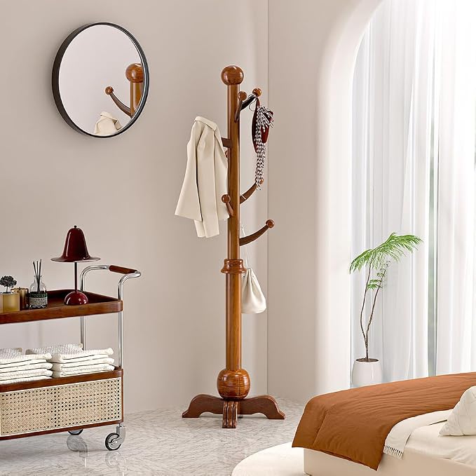 Hall Tree, Freestanding Wood Tree Rack with 7 Hooks, Coat Rack with Stable Sphere Base, Wooden Coat Rack Stand, Load 210 lb, Coat Hanger Stand for Entryway, Hallway, Bedroom, H:72 in, Walnut