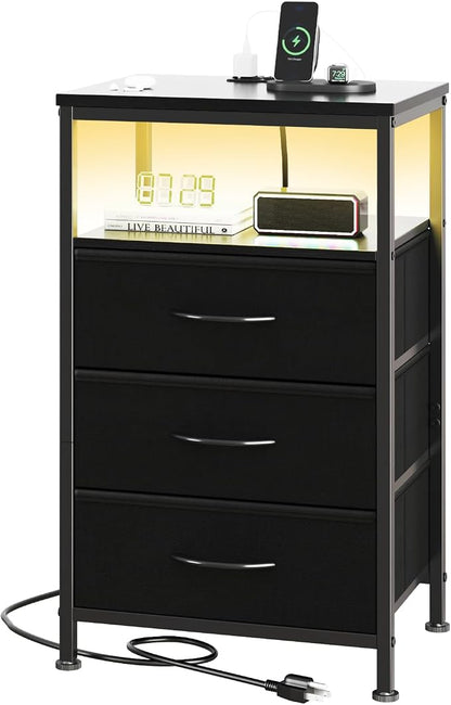 Sweetcrispy Nightstand with Charging Station, Bedside End Table with 3 Fabric Drawers, USB & Type-C Ports with AC Outlets, Adjustable Feet & Dimmable LED Light Strip, Modern Bedroom Furniture, Black