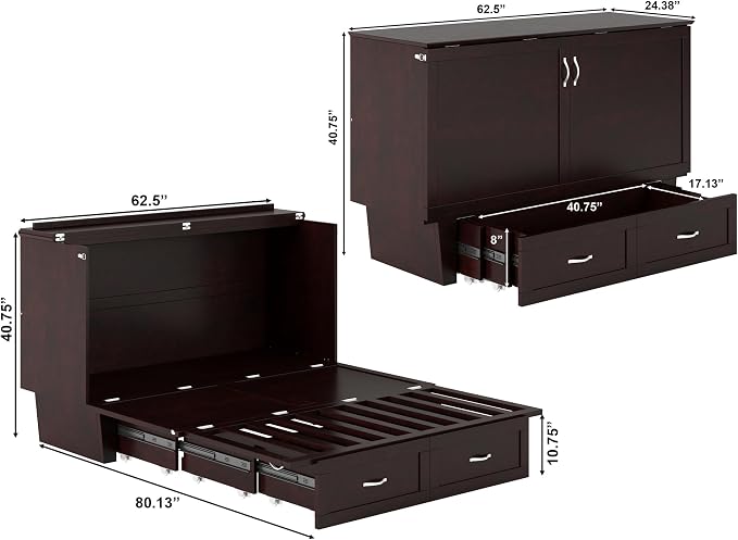AFI, Monroe Queen Murphy Bed Chest with 6" Mattress, Storage Drawer & Built-in USB Charger, Espresso
