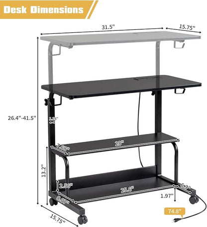 Mobile Laptop Desk with Power Outlets, Height Adjustable TV Tray Table with Storage Shelf, Rolling Computer Table with USB Ports (Black)