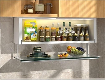 Modern Pull Down Cabinet Organizer Multifunctional Pantry Shelf with Transparent Glass Panel Space-Saving Kitchen Closet Storage,Ideal for Home