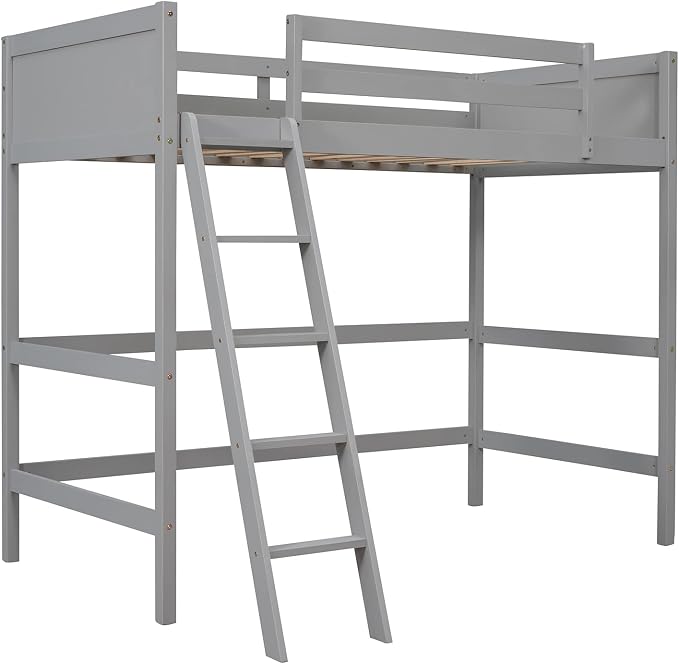 Ball & Cast Solid Wood Twin Size Loft Bed,Loftkbed w/Ladder and Full-Length Guardrails,Slat Support,No Box Spring Needed,Space Saving,Slat Support,Bedframe for Child's Bedroom,Gray
