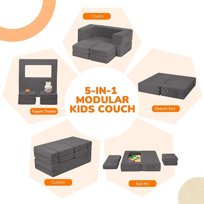 MeMoreCool Modular Kids Couch, Corduroy Play Toddler Couch for Bedroom Playroom Furniture, Convertible Foam Kids Sofa Bed, Fold Out Baby Sofa for Girl Boy, Dark Grey