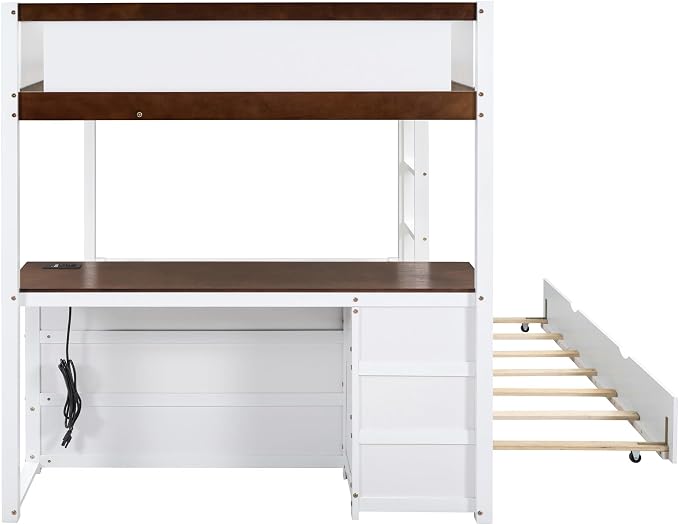 Ball & Cast Full-Over-Full Bunk Bed with Twin Size Trundle,Solid Wood Bedframe W/Desk & Drawers,USB,Space Saving,Easy Assembly,Multifunctional Bedroom Furniture Set for Boys Girls Teens,White+Walnut