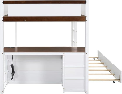 Ball & Cast Full-Over-Full Bunk Bed with Twin Size Trundle,Solid Wood Bedframe W/Desk & Drawers,USB,Space Saving,Easy Assembly,Multifunctional Bedroom Furniture Set for Boys Girls Teens,White+Walnut
