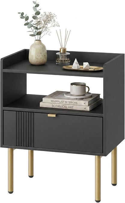 Black Mid-Century Modern Nightstand, End Table with Drawer & Open Shelf | Sturdy metal legs, space-saving for small rooms, quick assembly, raised anti-slip edge, fits bedroom dorm living room