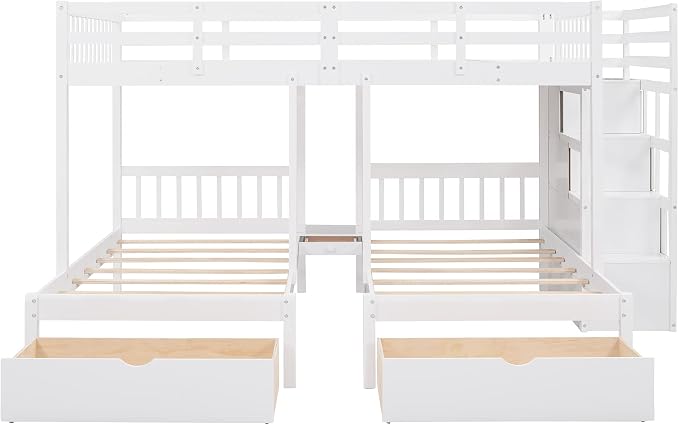 VilroCaz Upgraded Version Full Over Twin & Twin Bunk Bed, Solid Wood Triple Bunk Bed with Storage Drawers and Staircase, Strong Sturdy Bunk Bed Frame with Guardrails for Kids Teens Aldults