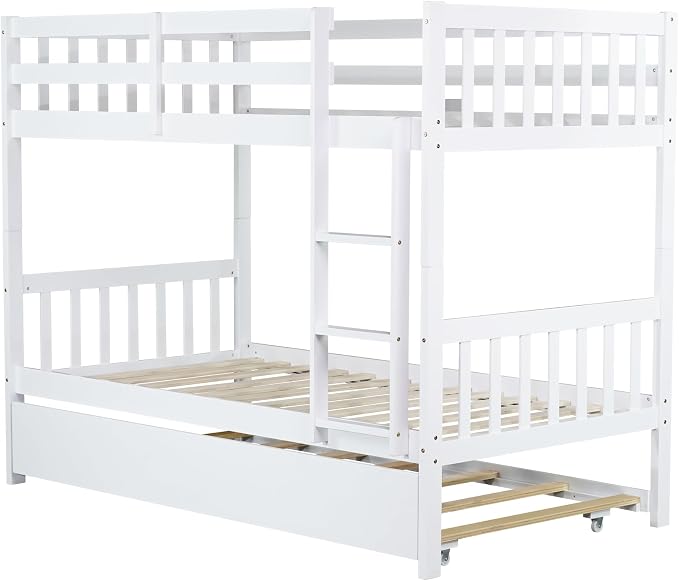 Harper & Bright Designs Convertible Wood Twin-Over-Twin Bunk Bed with Trundle and Ladder - Can Be Divided Into Two Platform Beds (White)