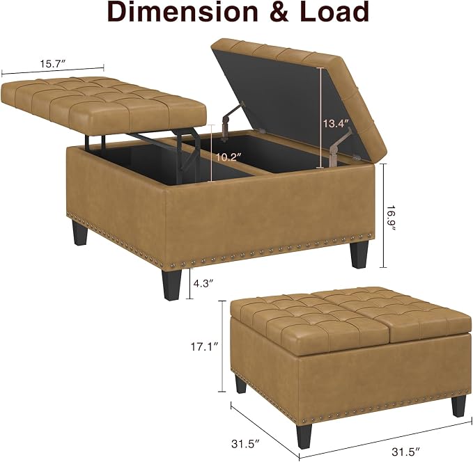 FiveWillowise Square Leather Ottoman with Storage, Faux Leather Coffee Table with Lift Top,Large Upholstered Footrest Stool Toy Box Storage Bench for Bedroom Living Room, Camel