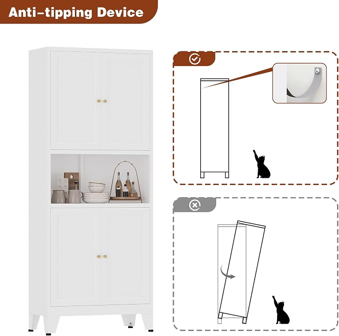 Metal Storage Cabinet, 69" Tall Bathroom Cabinets with 4 Doors & 3 Adjustable Shelves Large Cupboard, White Metal Pantry Cabinets for Kitchen, Home Office, Garage, Warehouse