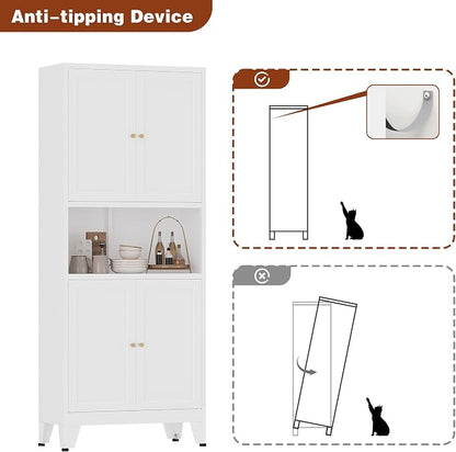 Metal Storage Cabinet, 69" Tall Bathroom Cabinets with 4 Doors & 3 Adjustable Shelves Large Cupboard, White Metal Pantry Cabinets for Kitchen, Home Office, Garage, Warehouse