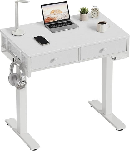 White Electric Standing Desk with Drawers, 32 Inch Small Adjustable Desk with Storage, Stand Up Computer Study Writing Desks for Small Space Home Office Bedroom, Sit Stand Work Desks for Walking Pad