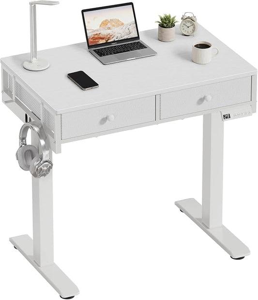 White Electric Standing Desk with Drawers, 32 Inch Small Adjustable Desk with Storage, Stand Up Computer Study Writing Desks for Small Space Home Office Bedroom, Sit Stand Work Desks for Walking Pad