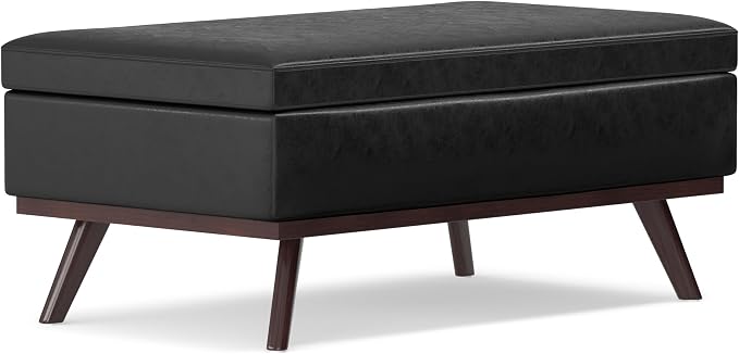 SIMPLIHOME Owen Lift Top Coffee Table Storage Ottoman - 42 inch Wide Upholstered Vegan Leather Rectangular Lift-Top Ottoman in Distressed Black, Mid-Century Modern Ottoman for Living Room