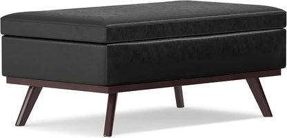 SIMPLIHOME Owen Lift Top Coffee Table Storage Ottoman - 42 inch Wide Upholstered Vegan Leather Rectangular Lift-Top Ottoman in Distressed Black, Mid-Century Modern Ottoman for Living Room