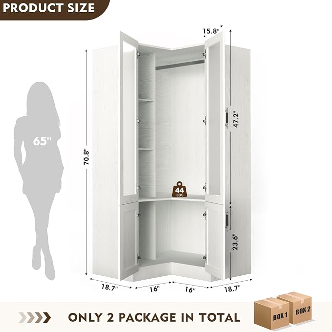 MEISSALIVVE L-Shape Armoire Wardrobe Closet with Frosted Glass Door, 70.9''H Bedroom Clothing Storage Cabinet with Hanging Rod, Adjustable Shelves, Clothes Wardrobe Armoire for Bedroom, Wood Grain