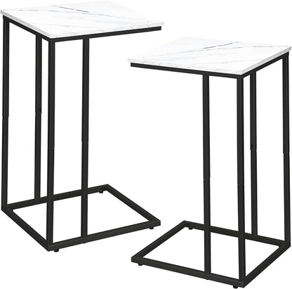 C Shaped Side Table Set of 2, Marble End Table for Sofa and Bed, Couch Table That Slide Under, Snack Side Table for Living Room, Bedroom or Small Spaces, White and Black