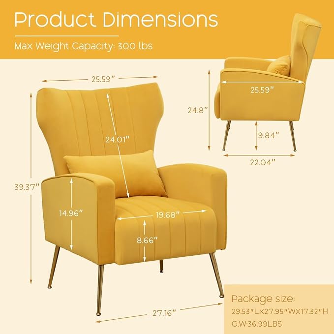 Accent Chair High Back Arm Chair for Living Room, Upholstered Wingback Armchair with Golden Legs Lumbar Pillow, Single Sofa Reading Chair for Bedroom, Apartment, Small Spaces Velvet Yellow