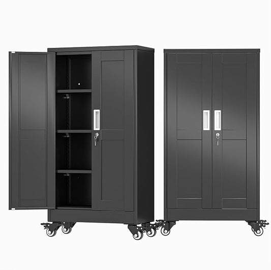 45.6" Metal Garage Storage Cabinet with Wheels and Locking Doors and Tall Rolling Steel Tool Cabinet with 3 Adjustable Shelves for Garage,Home,Office,Shop (Black, 45.6''H x 23.7''W x11.8''D)