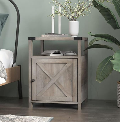 Farmhouse Nightstand Rustic End Table Side Table with Cabinet and Shelf, Wood Night Stand for Bedroom, Gray, 17.7 in